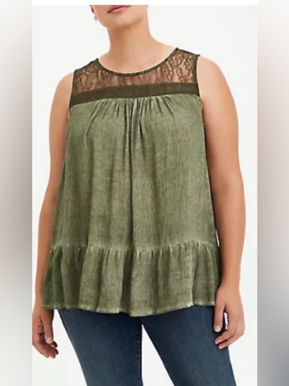 Torrid Sleeveless Olive Lace Yoke Ruffle Hem Tank Top Blouse